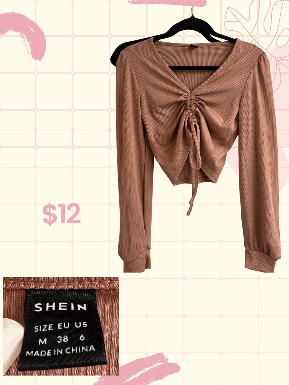 Forever 21 Brown Ruched Tie-Front Long Sleeve Top